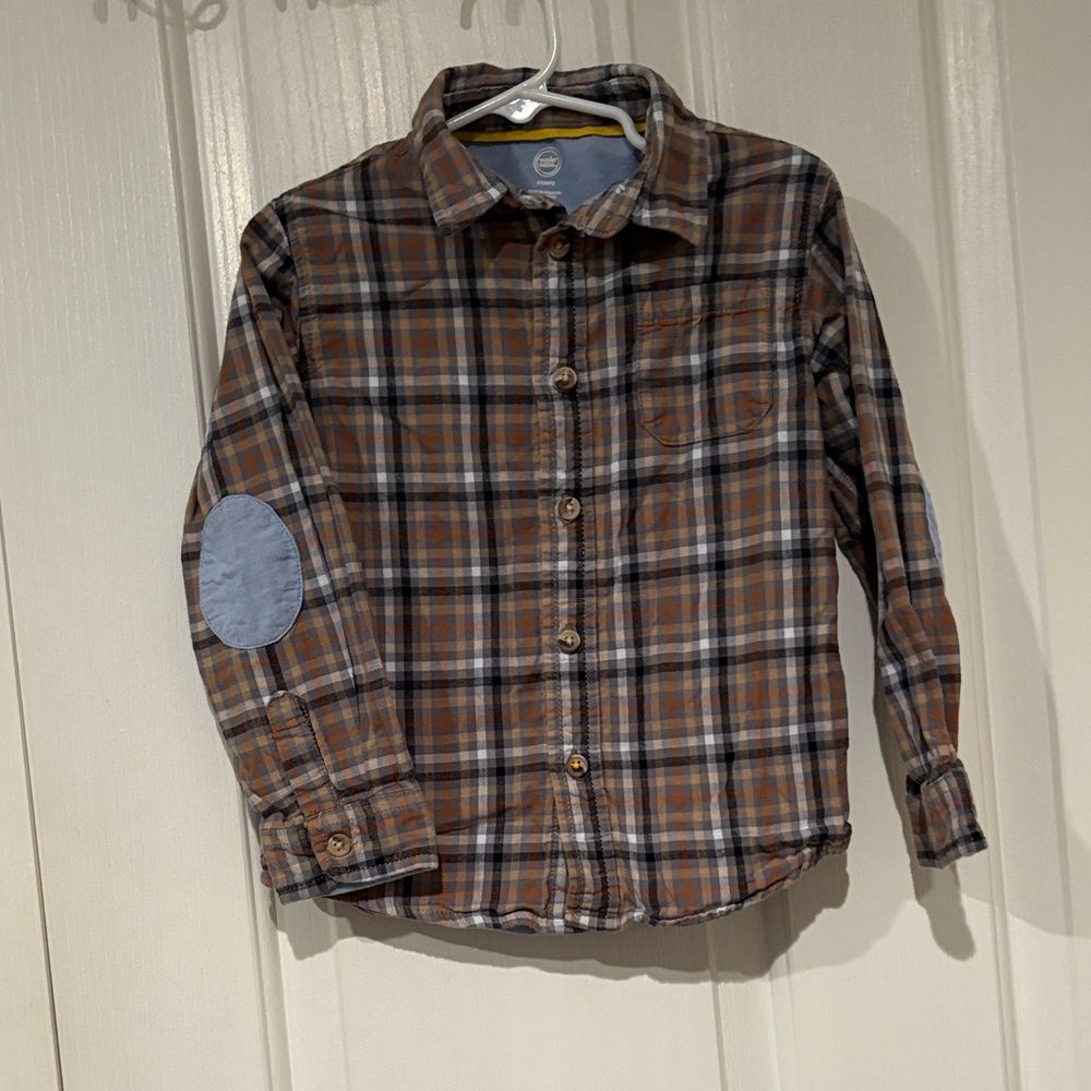 Wonder Nation Brown Plaid Shirt with Blue Patch